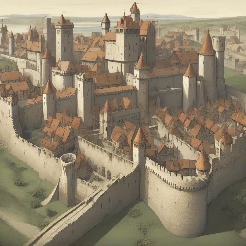 Illustration of a medieval city with high walls, towers, and a moat.