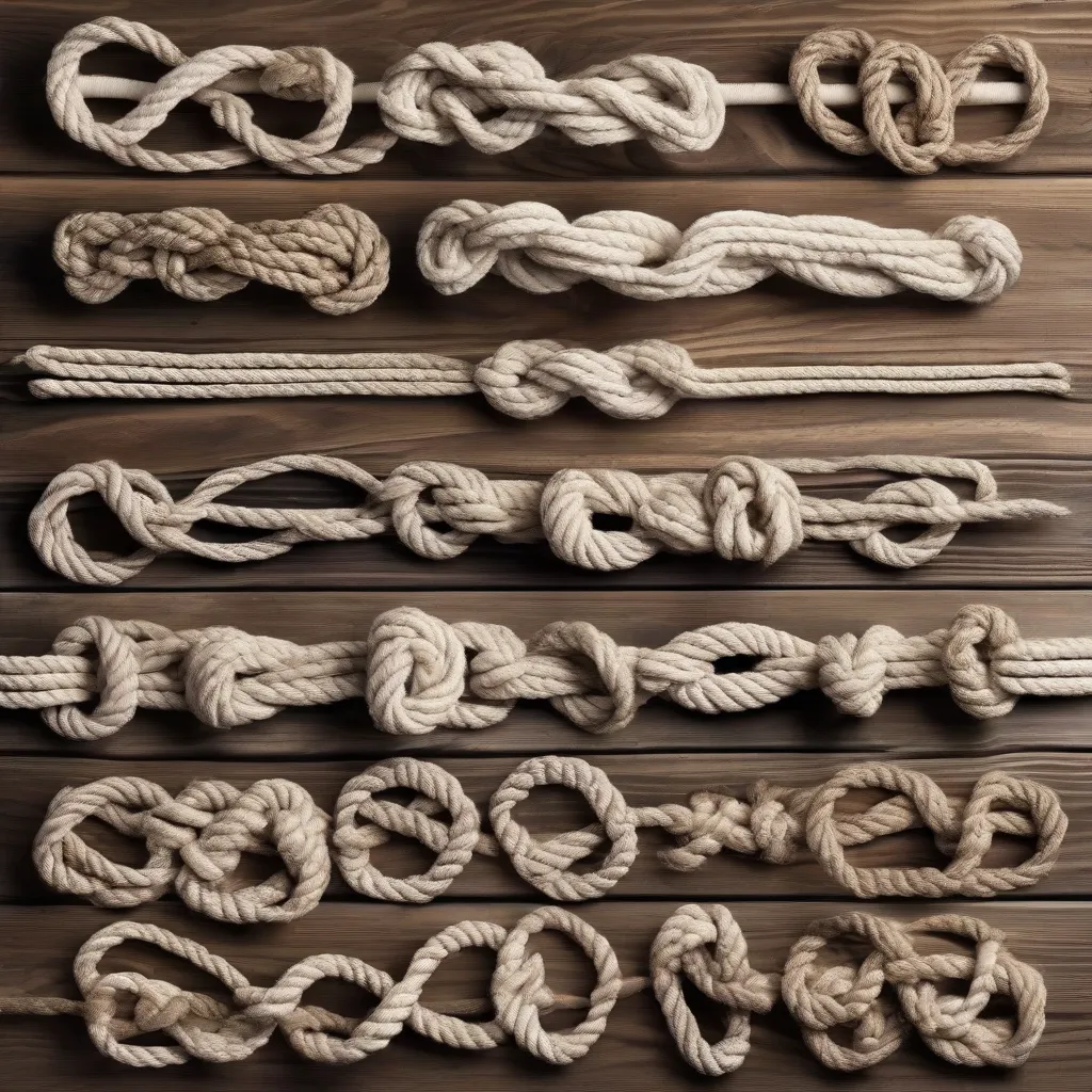 A collection of different nautical knots laid out on a wooden surface.