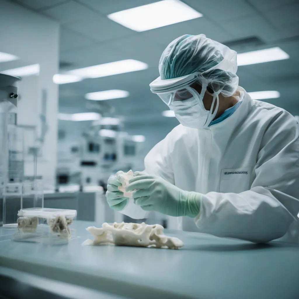 A lab technician in a cleanroom suit carefully handling a bone fragment.