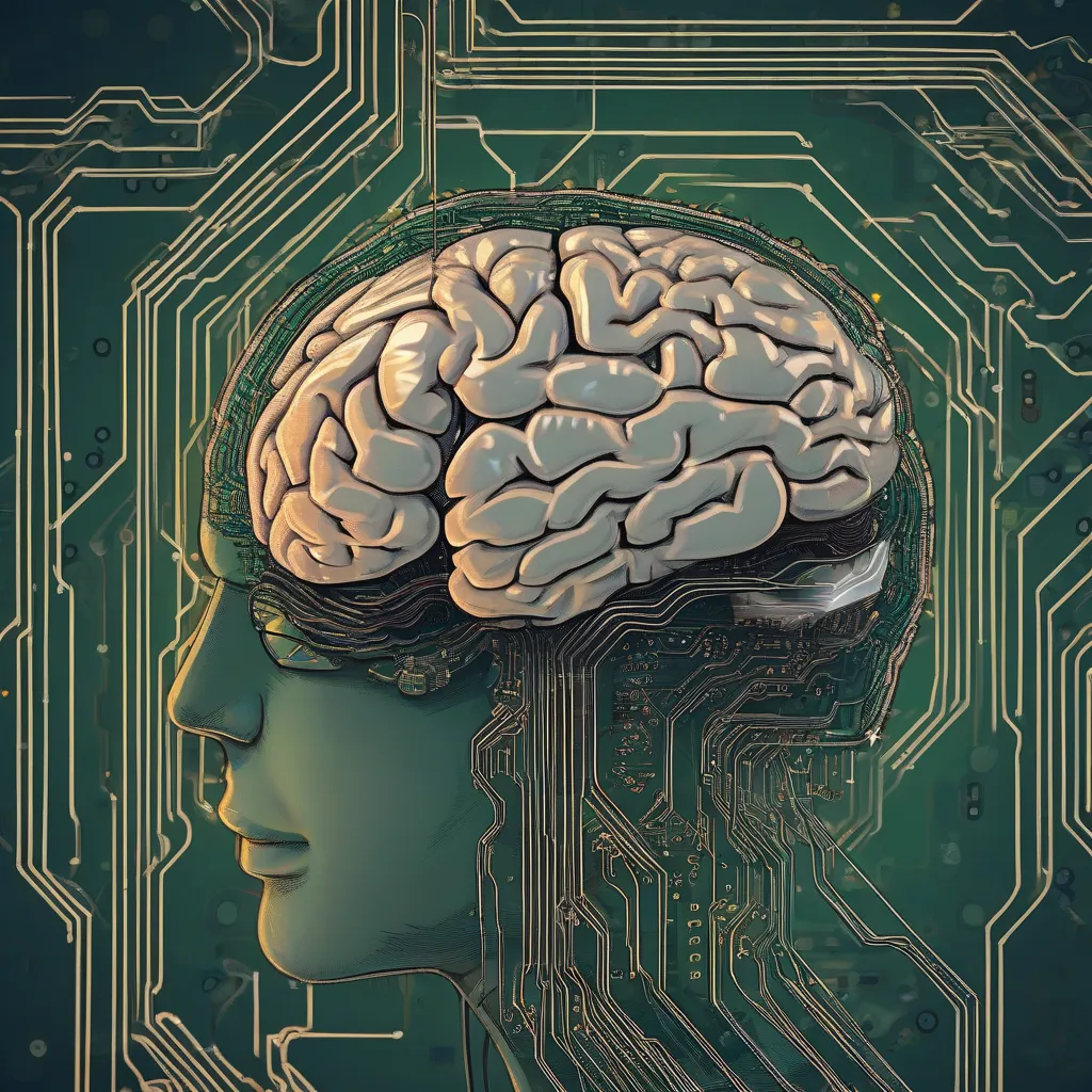 A conceptual illustration of a human brain connected to a circuit board.