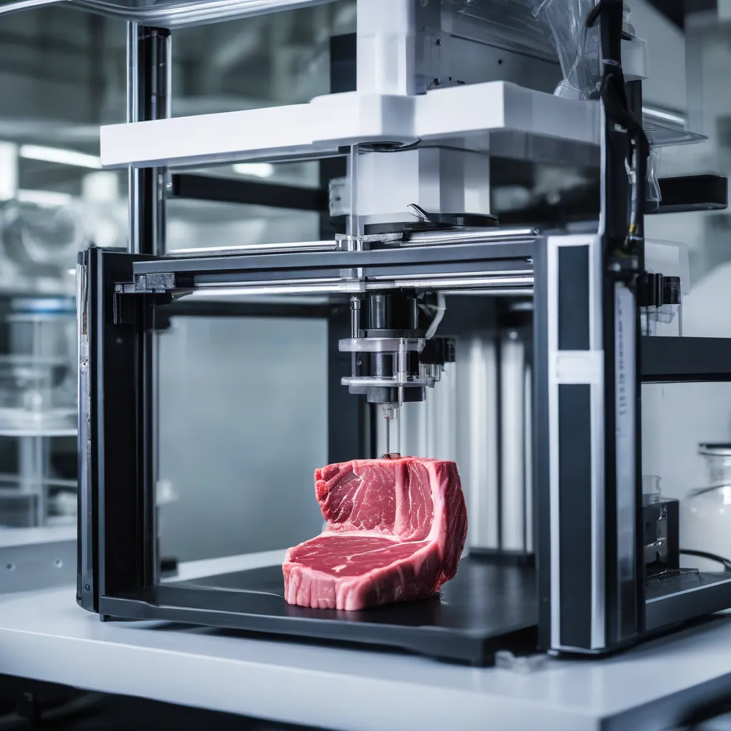 A bioprinter creating a steak-like structure in a laboratory setting.