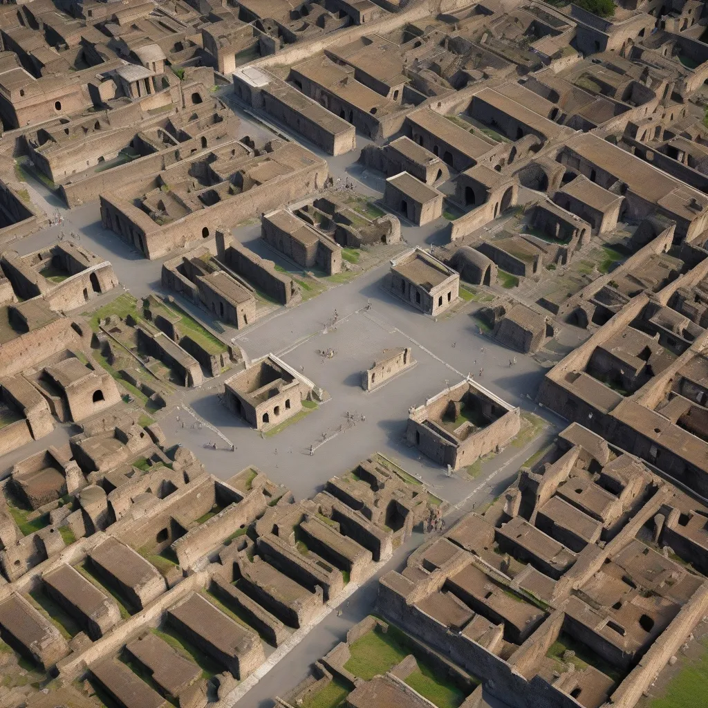An aerial view of Pompeii, Italy, showing the grid-like street layout.