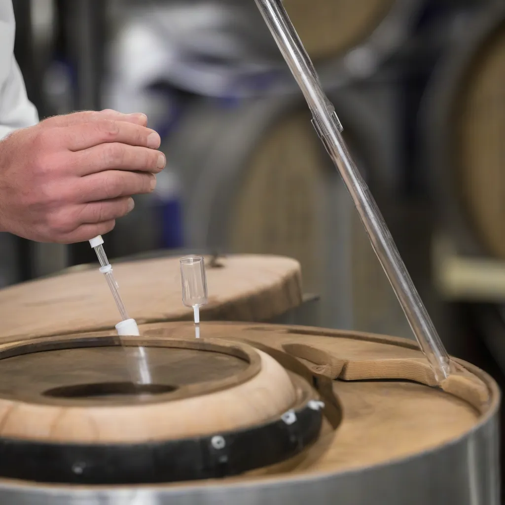 A winemaker using a pipette to extract a sample from a barrel for blending trials.