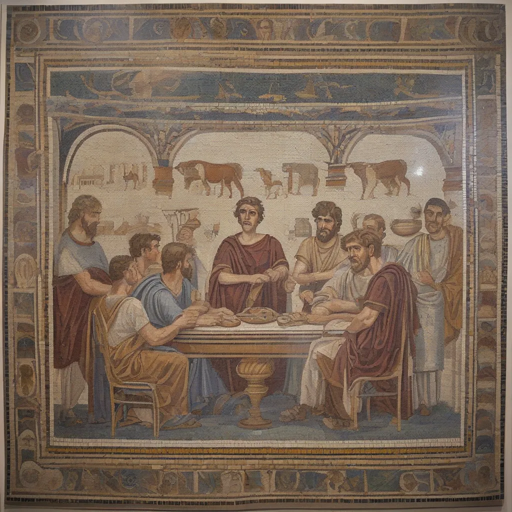 A mosaic depicting a Roman banquet scene.