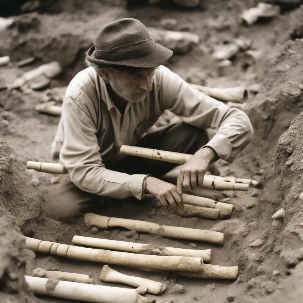 An archaeologist carefully excavating a collection of ancient bone flutes.