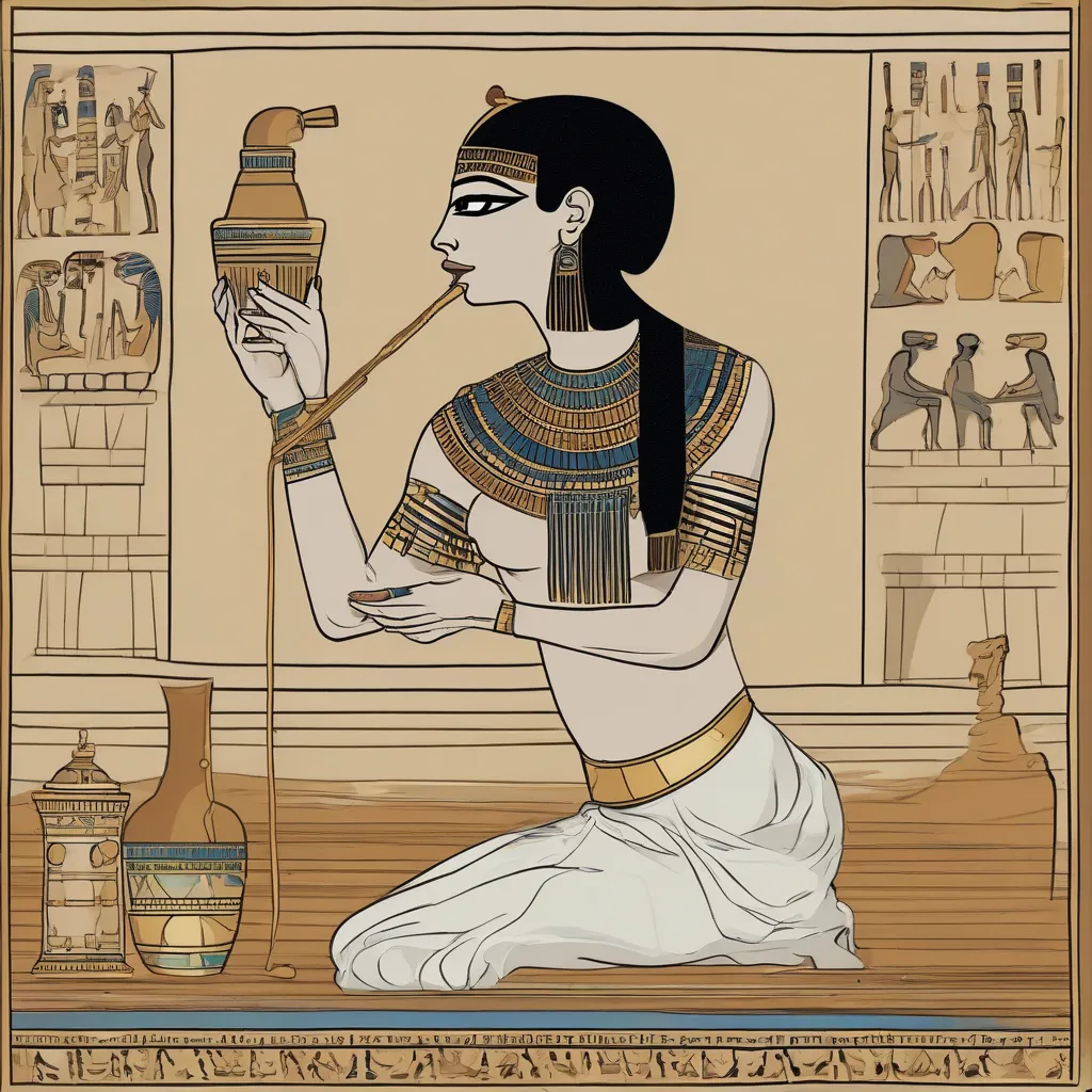 An ancient Egyptian woman applying perfume from a jar with a long applicator.