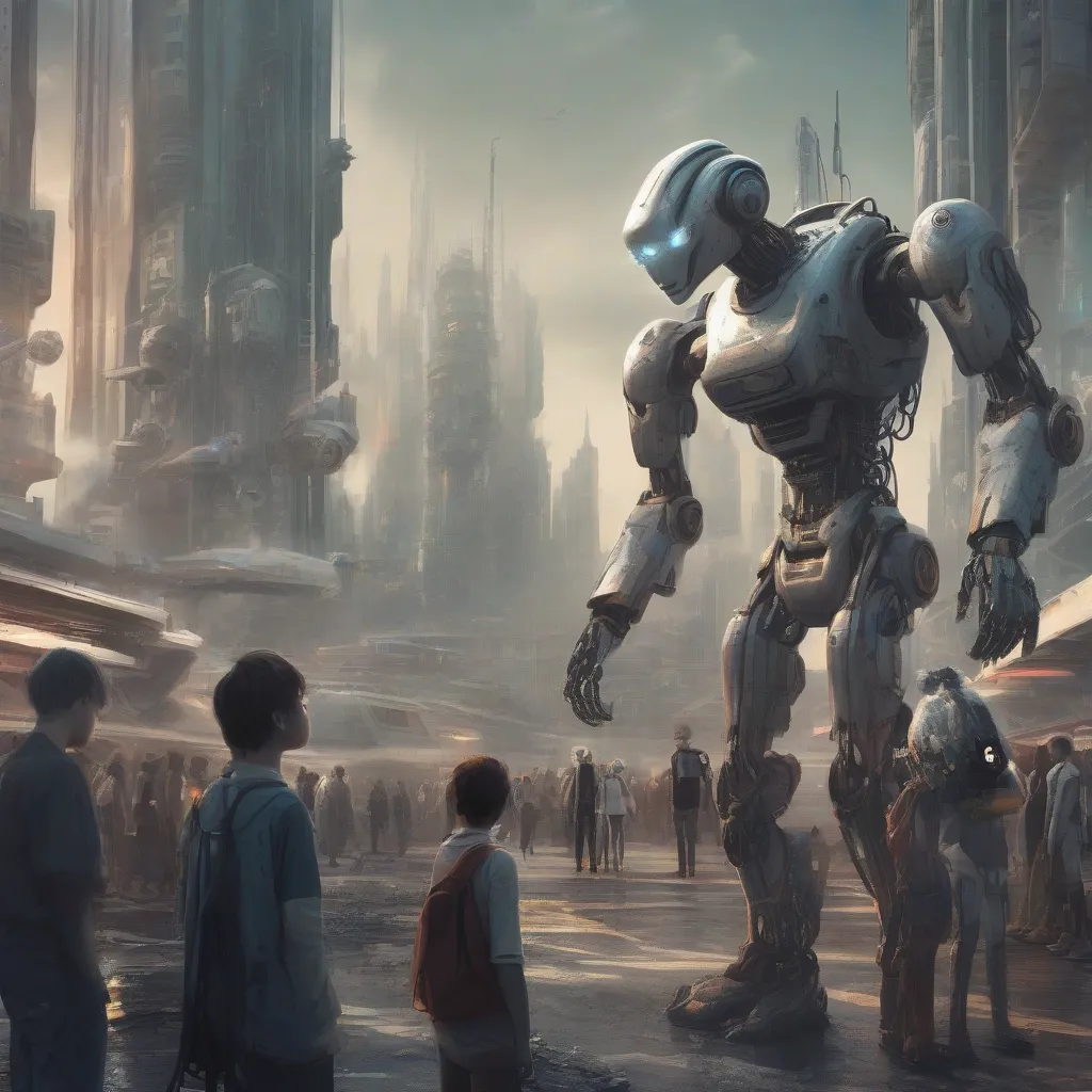 A futuristic cityscape with humanoid robots interacting with humans, some looking distressed.