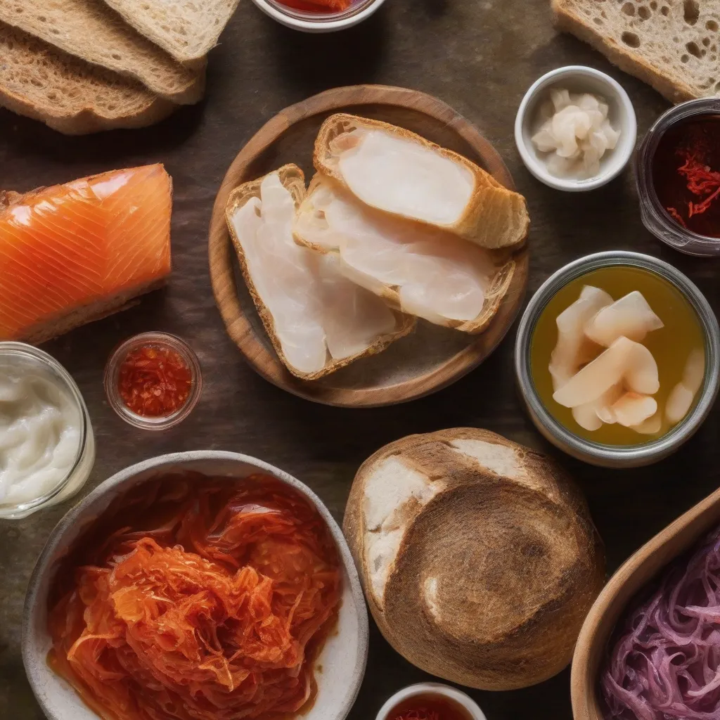 A close-up shot of various fermented foods, like kimchi, kombucha, and sourdough bread.