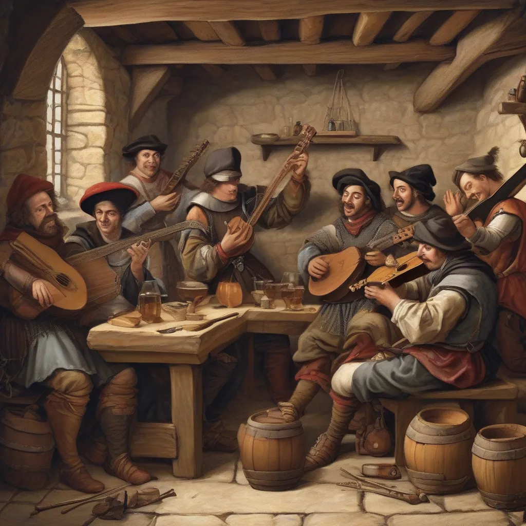 A group of minstrels playing various instruments in a medieval tavern.