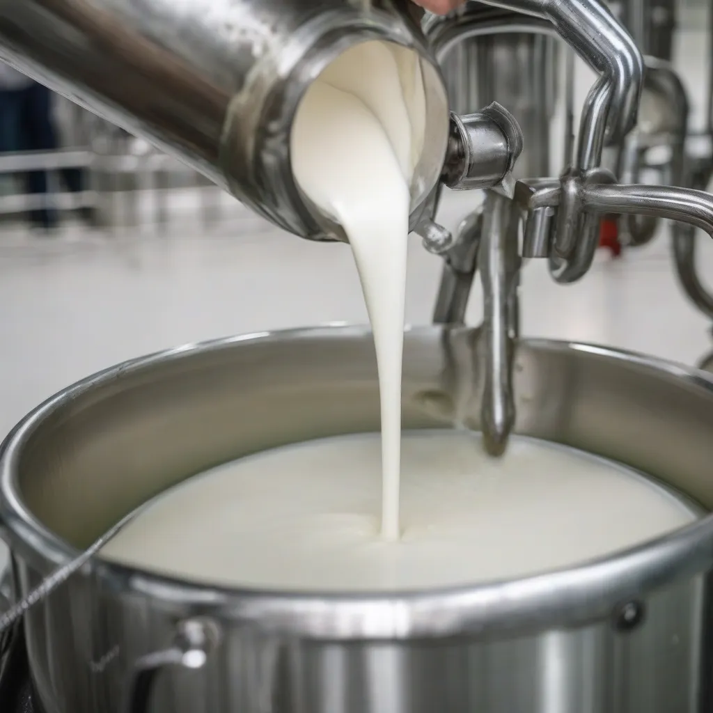 Close-up of fresh milk being poured into a stainless steel vat.
