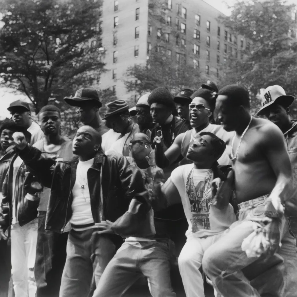 A black and white photograph of early hip hop pioneers performing outdoors in the Bronx.