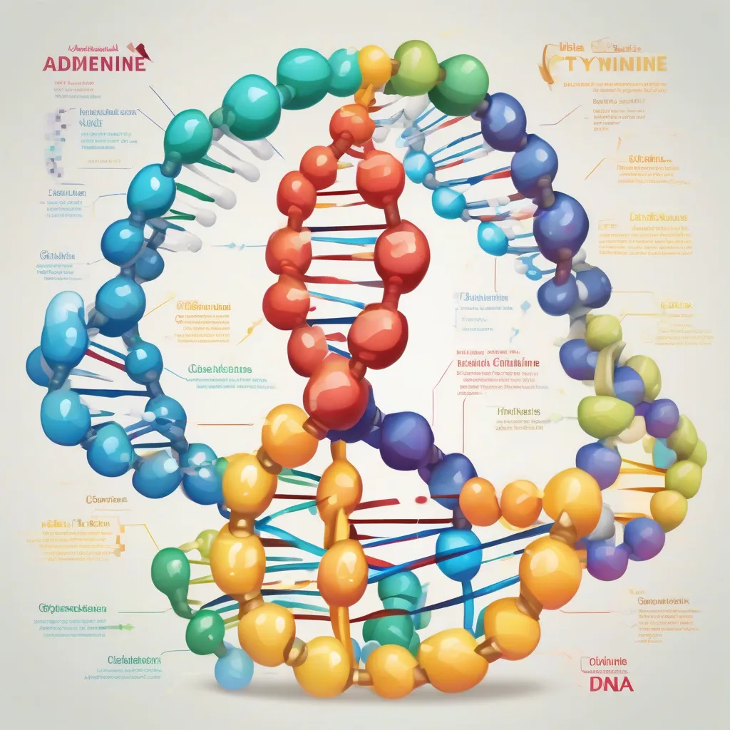 A colorful illustration depicting the double helix structure of DNA with labeled components like adenine, thymine, guanine, and cytosine.