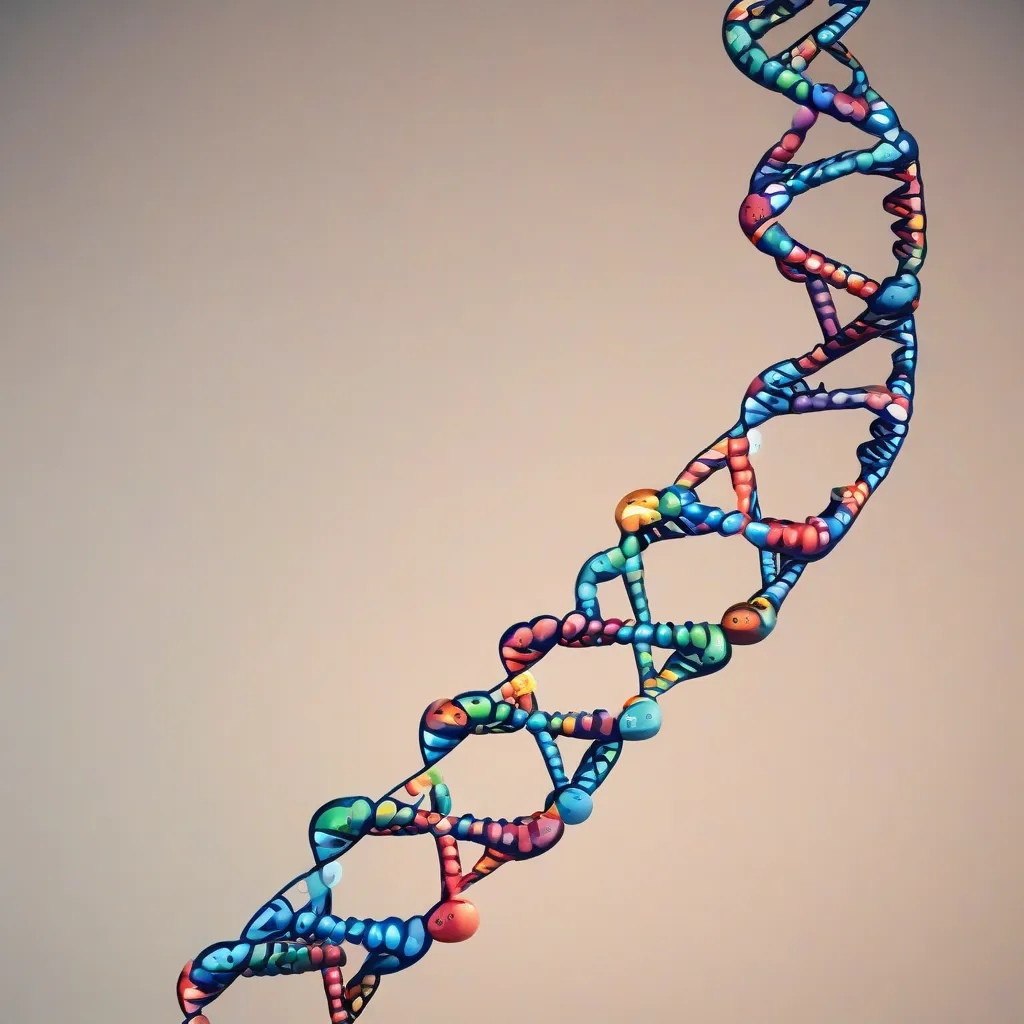 A DNA double helix with question marks surrounding it.