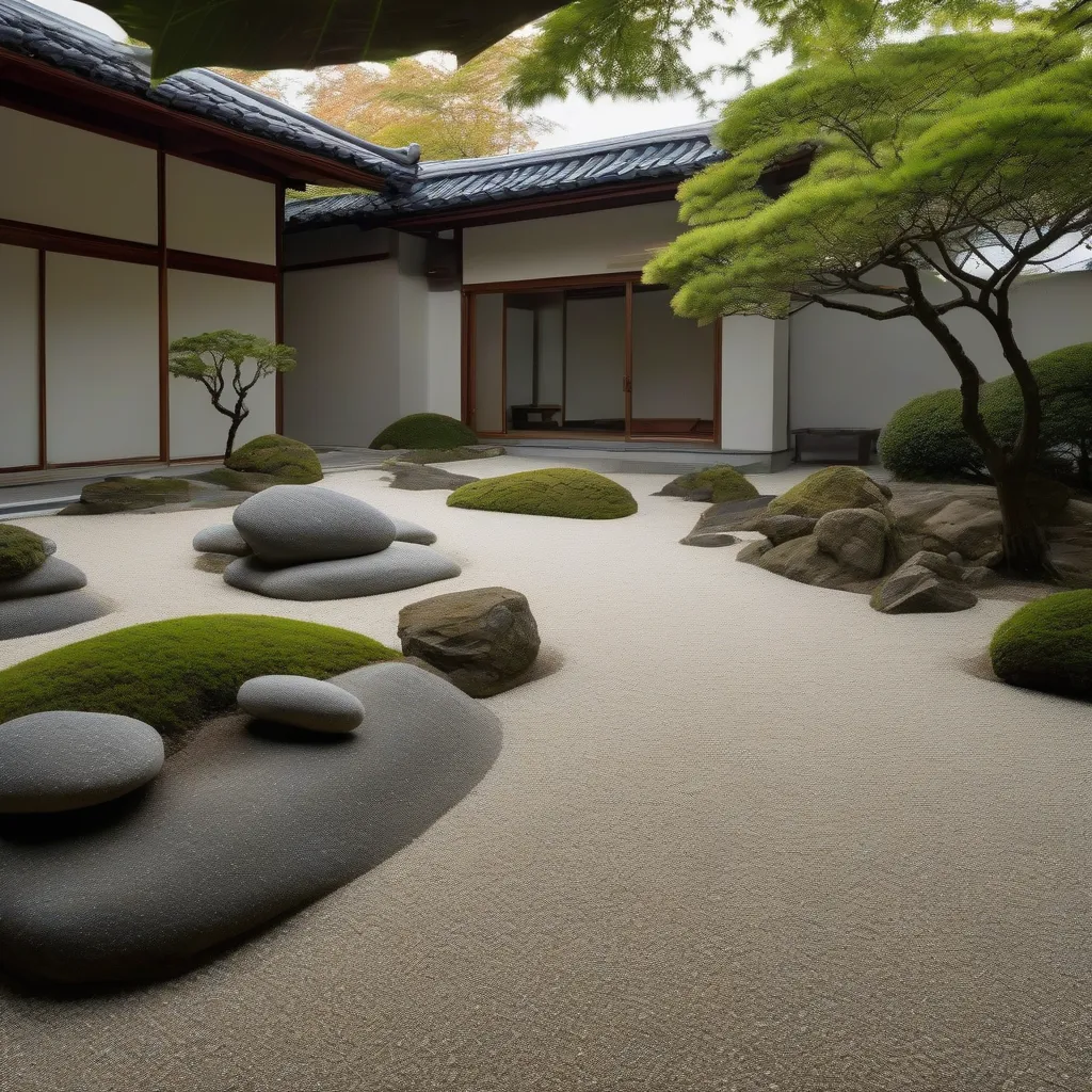 A serene Zen garden with carefully raked gravel and strategically placed rocks.