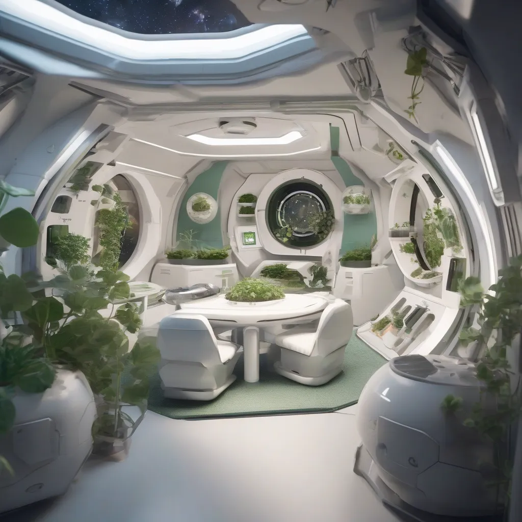A CGI render showing the interior of a space habitat featuring modular living spaces, hydroponic gardens, and a central area with artificial gravity.