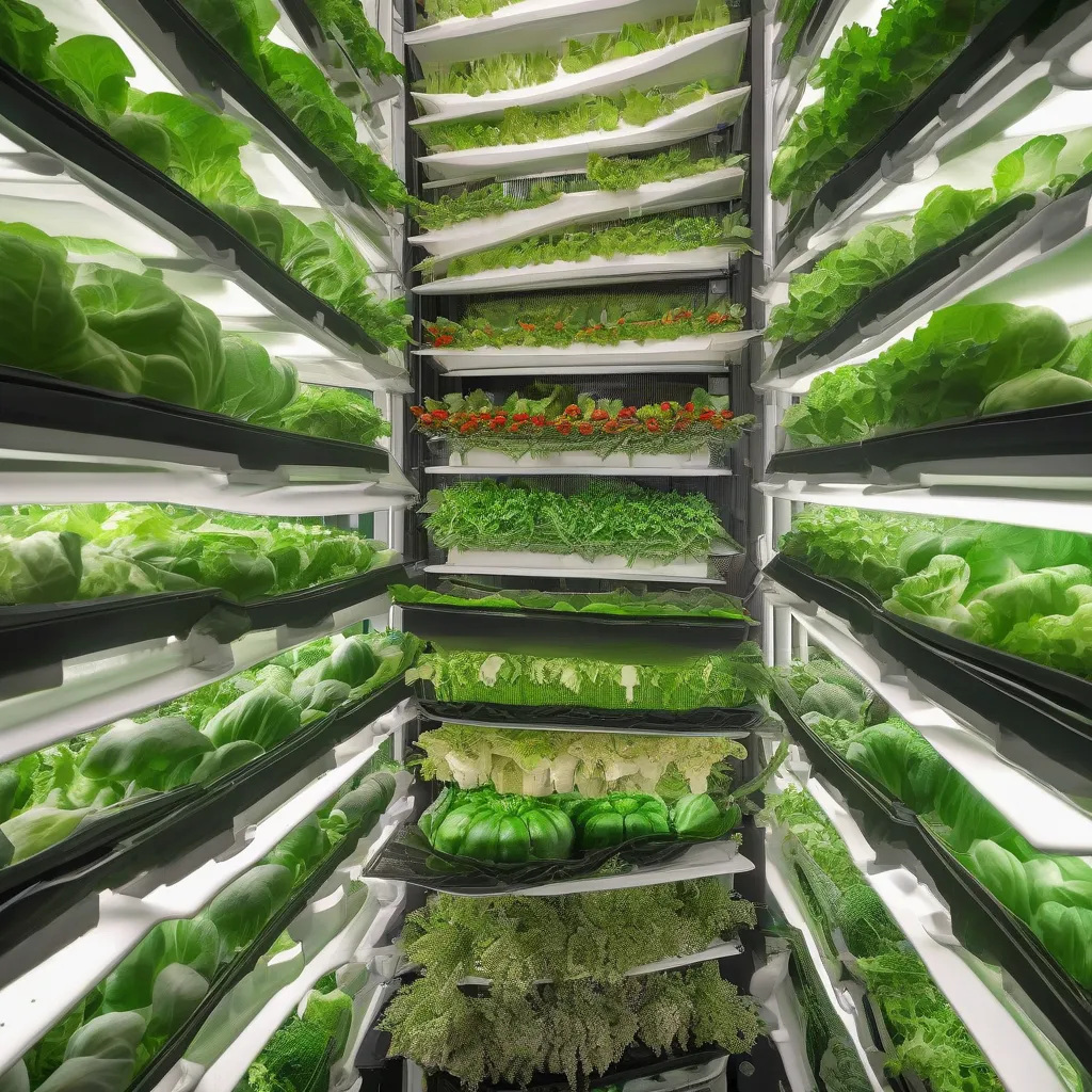 Vertical Farm with lush green produce growing in stacked layers