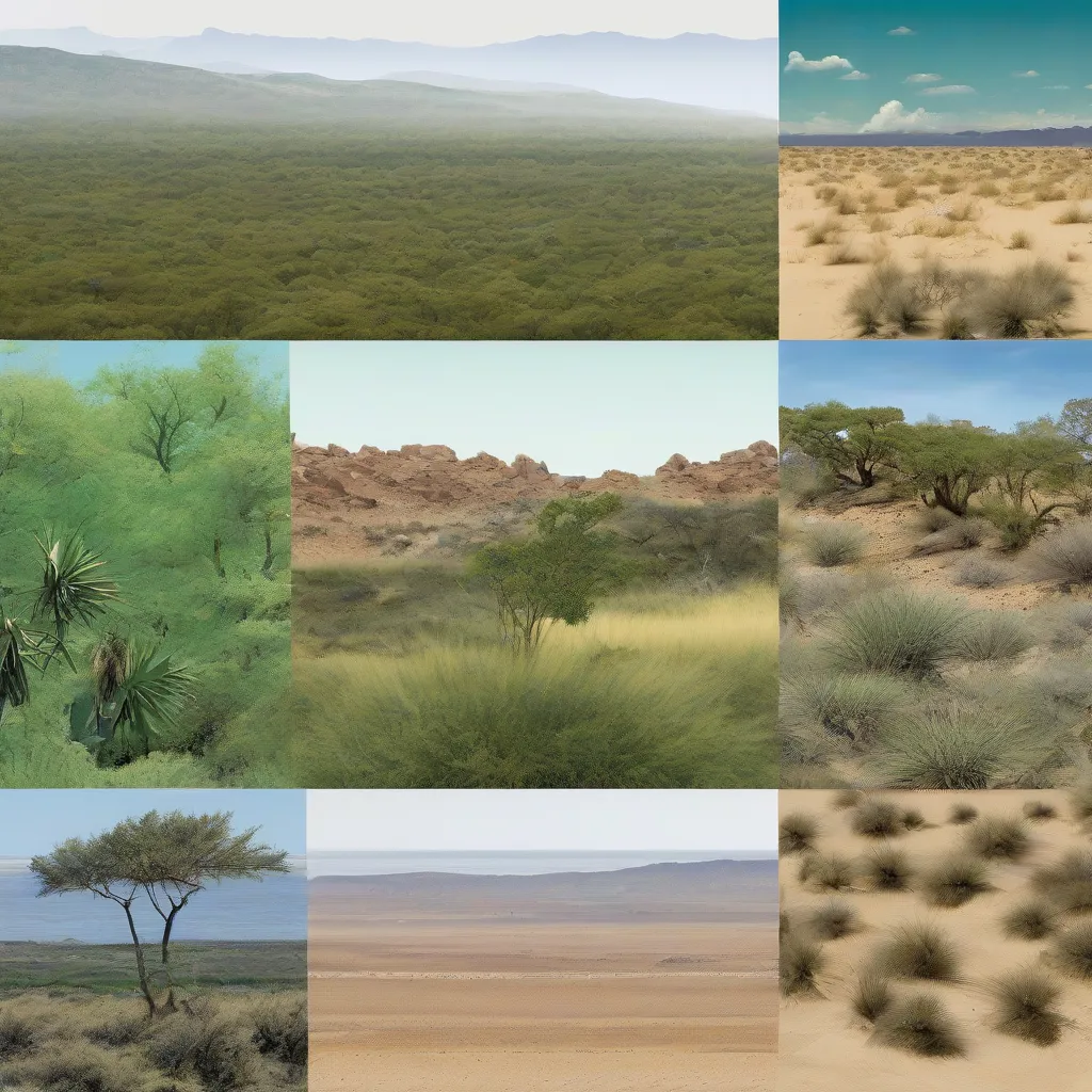 A collage showing different animal habitats: a forest, a desert, an ocean, and a grassland.