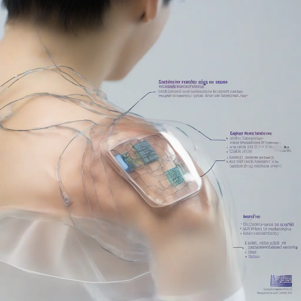 A flexible, transparent bio-integrated sensor on a person's skin, monitoring vital signs.