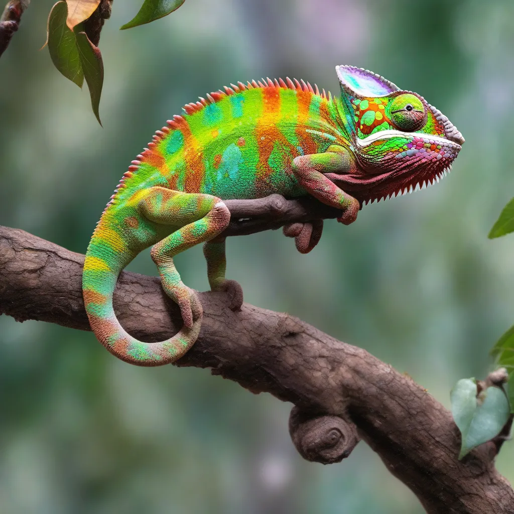 A chameleon changing its colors on a branch.