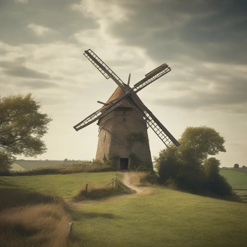A medieval windmill turning in a rural landscape.