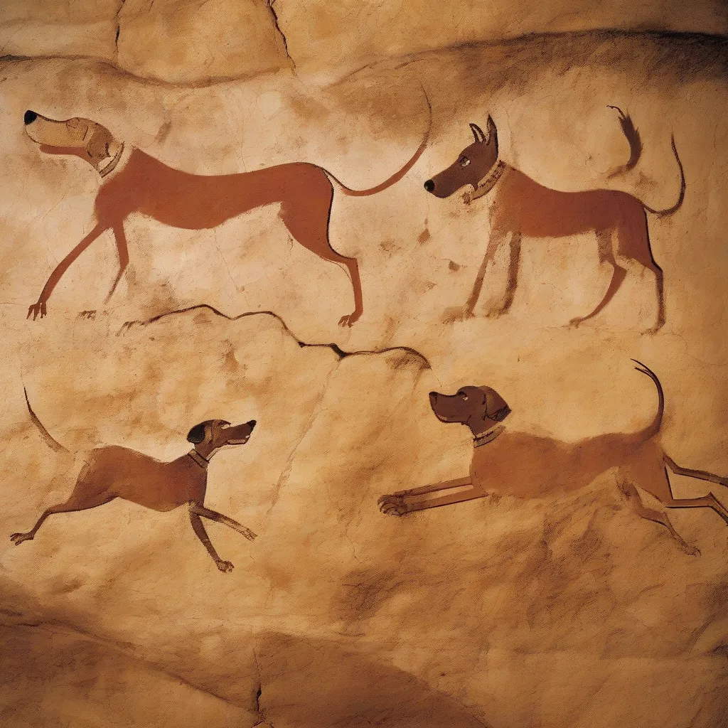 Cave painting depicting humans hunting with dogs
