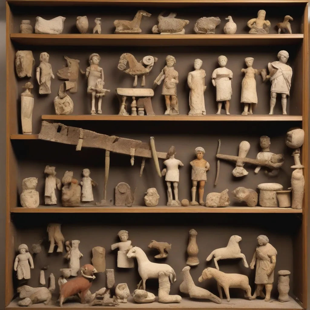 A collection of ancient Roman toys, including dolls and animal figures.