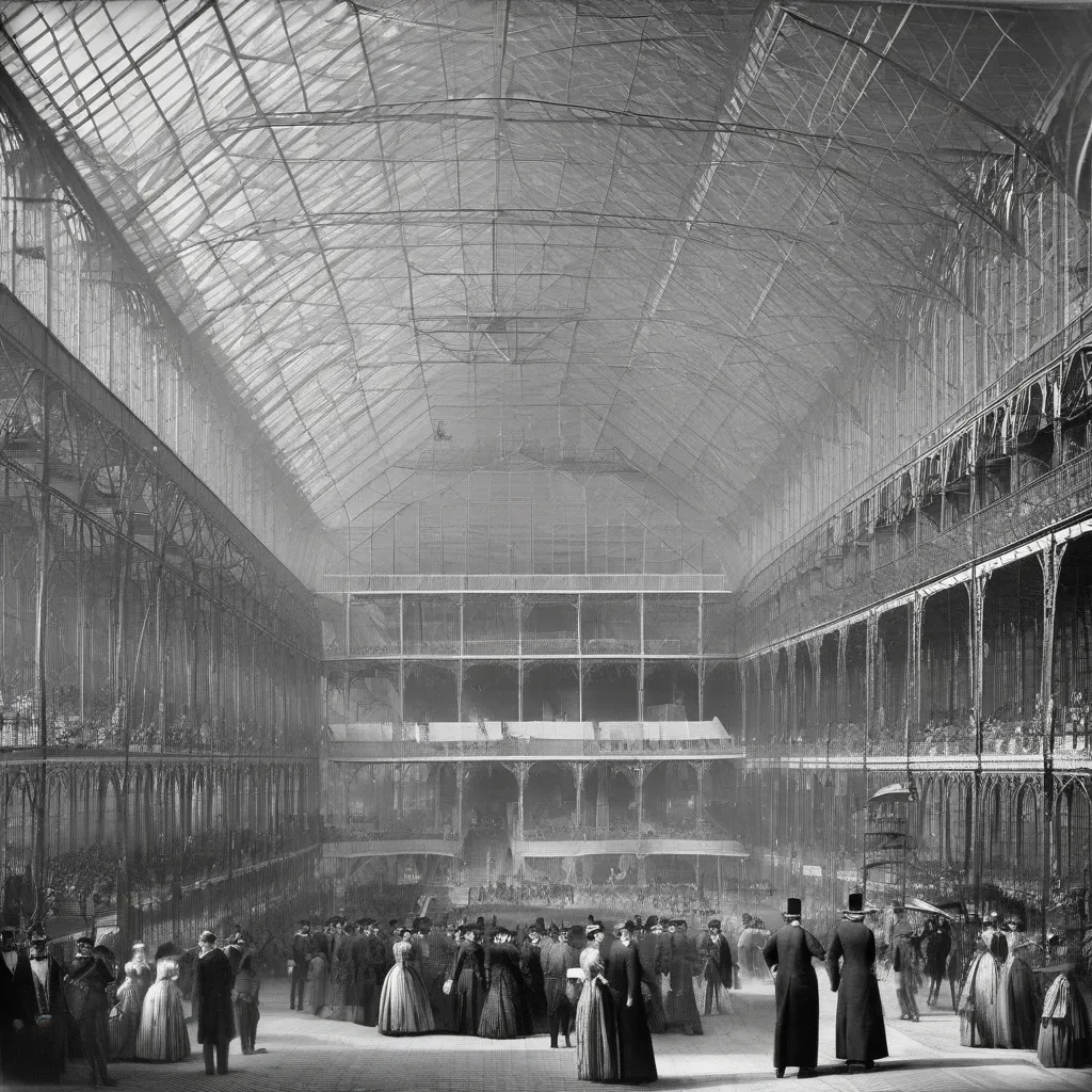 A black and white photo of the Crystal Palace during the Great Exhibition of 1851 in London
