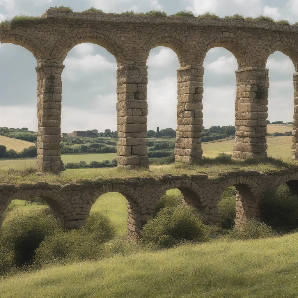 A section of a well-preserved Roman aqueduct stretching across a landscape.