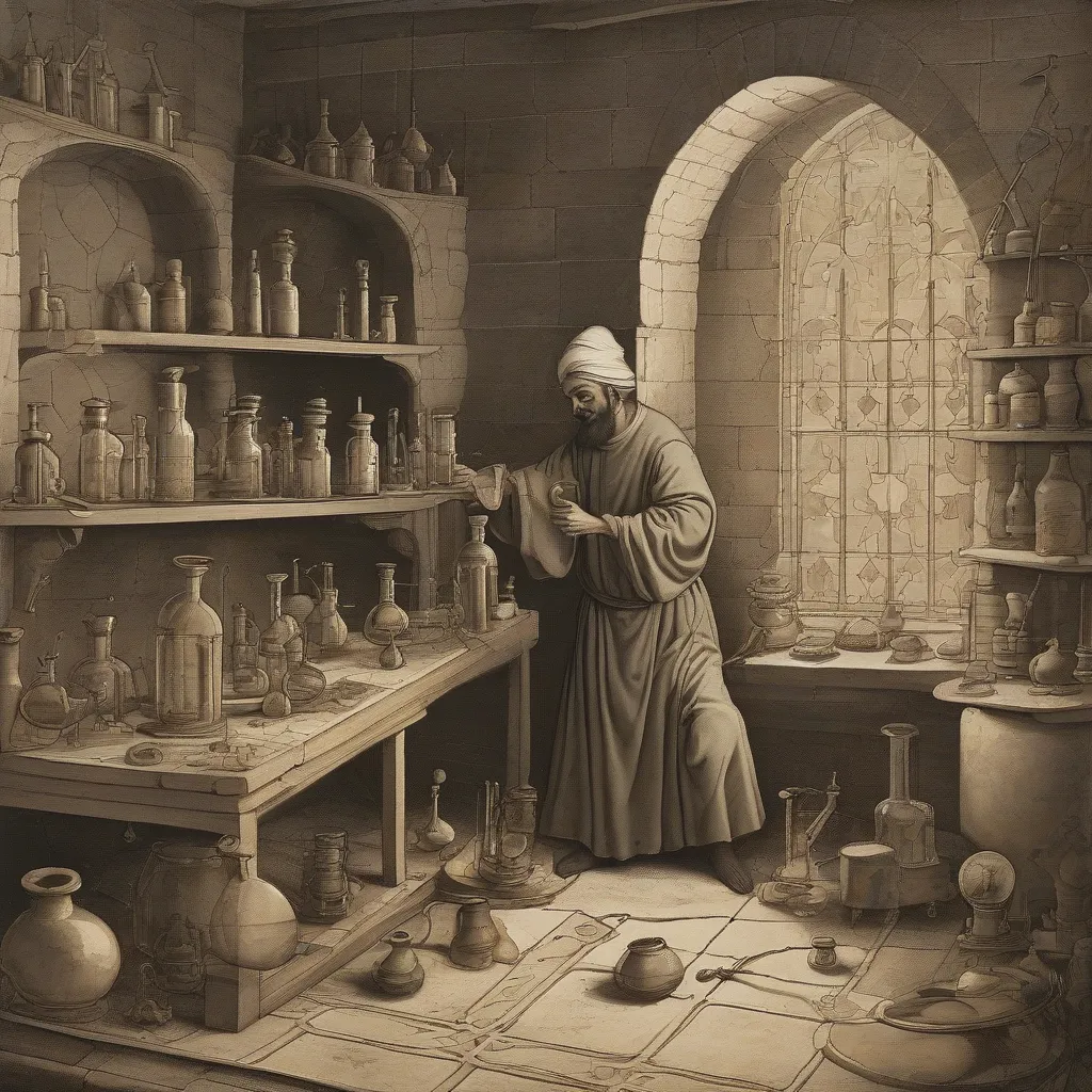A depiction of a medieval Islamic alchemist working in his laboratory.