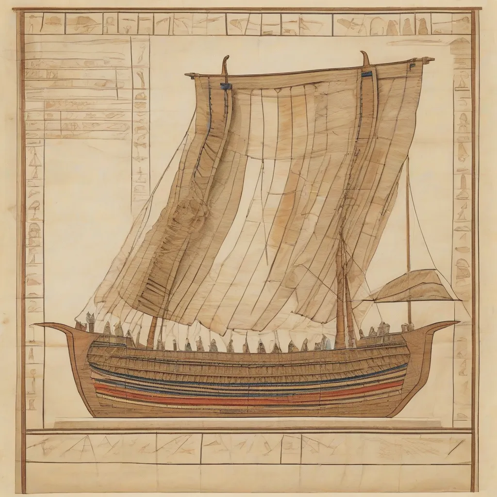 A drawing of an ancient Egyptian ship, showing planks sewn together with rope.