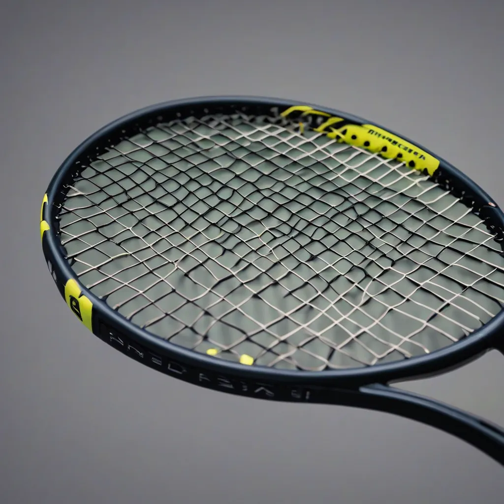 A close-up of a tennis racquet with the word \