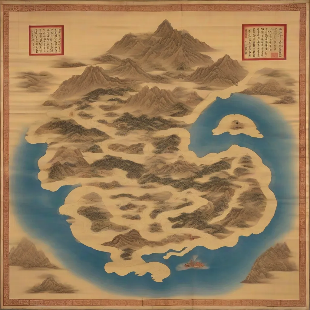 A replica of an ancient Chinese silk map showing mountains and rivers.