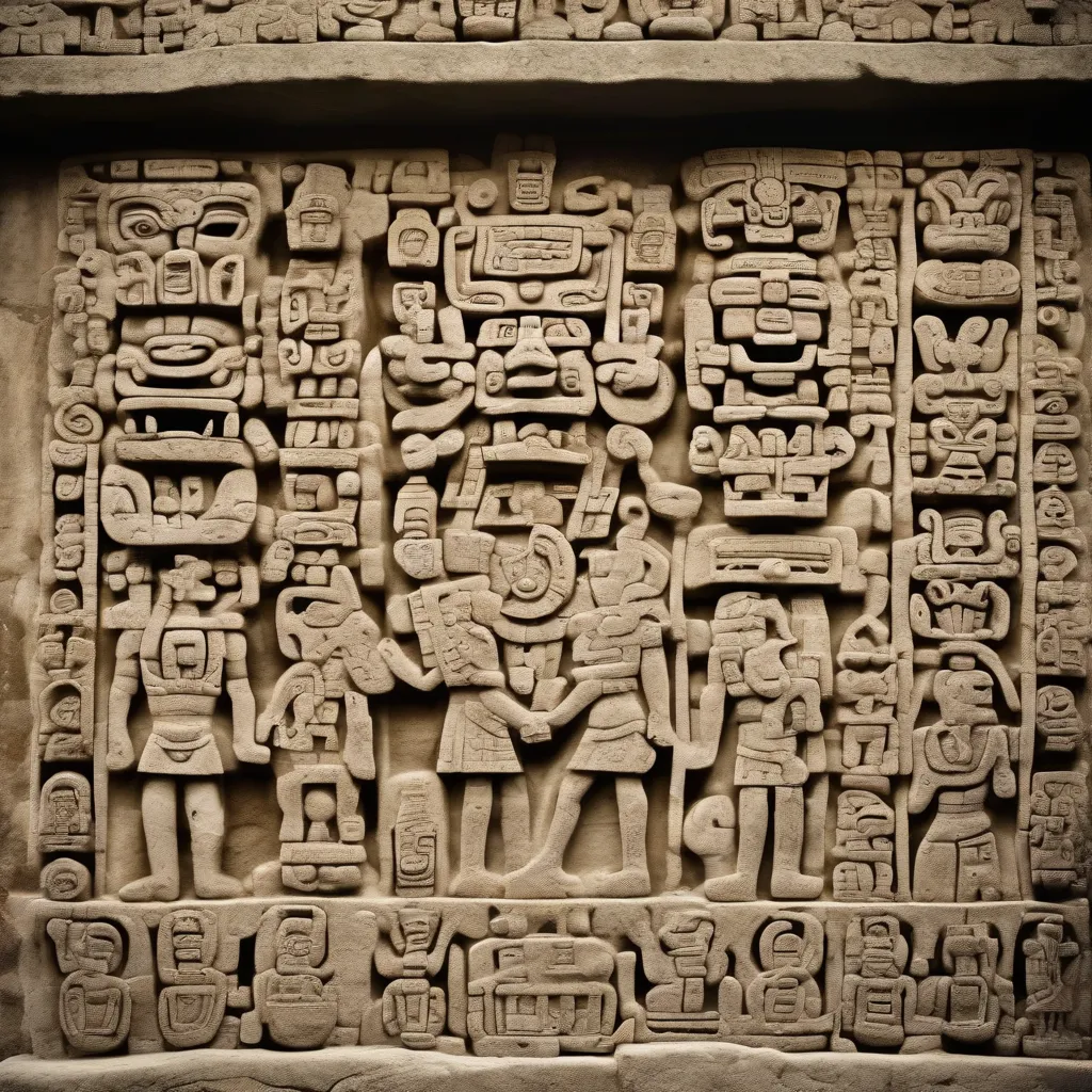 Mayan stelae depicting deities and glyphs