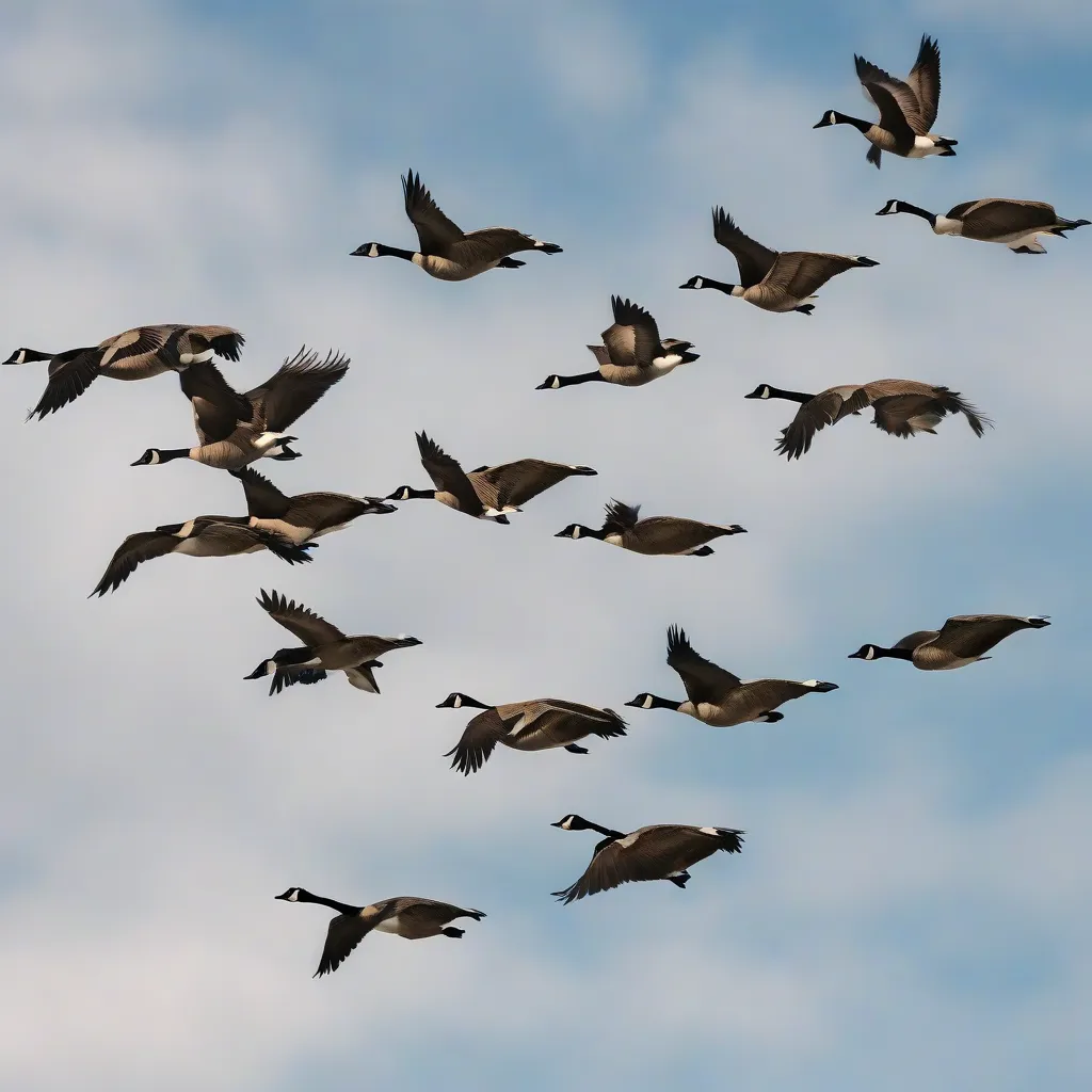 A flock of Canada geese flying in a V-formation against a blue sky.