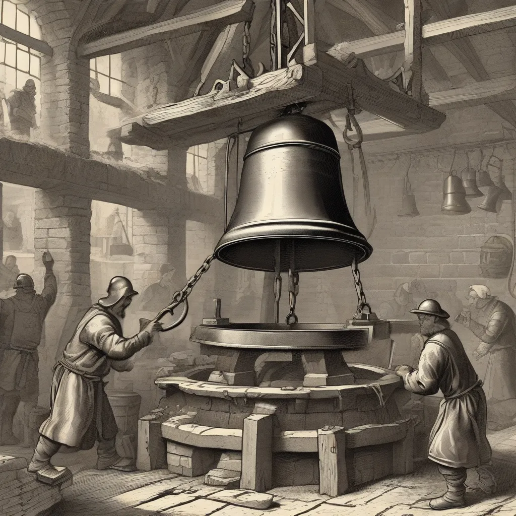 A detailed illustration showing a medieval bell foundry with workers casting a large bronze bell.