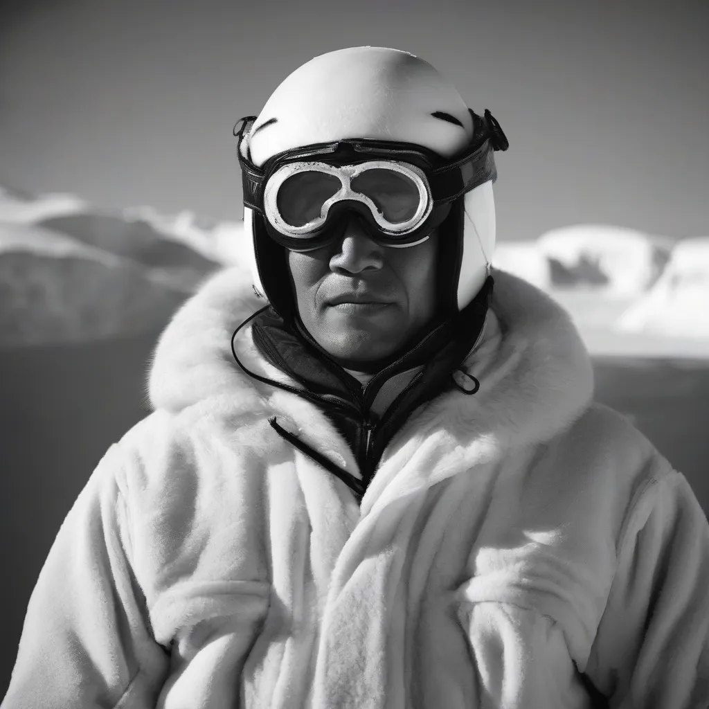 A black and white photograph of an Inuit person wearing walrus ivory snow goggles.