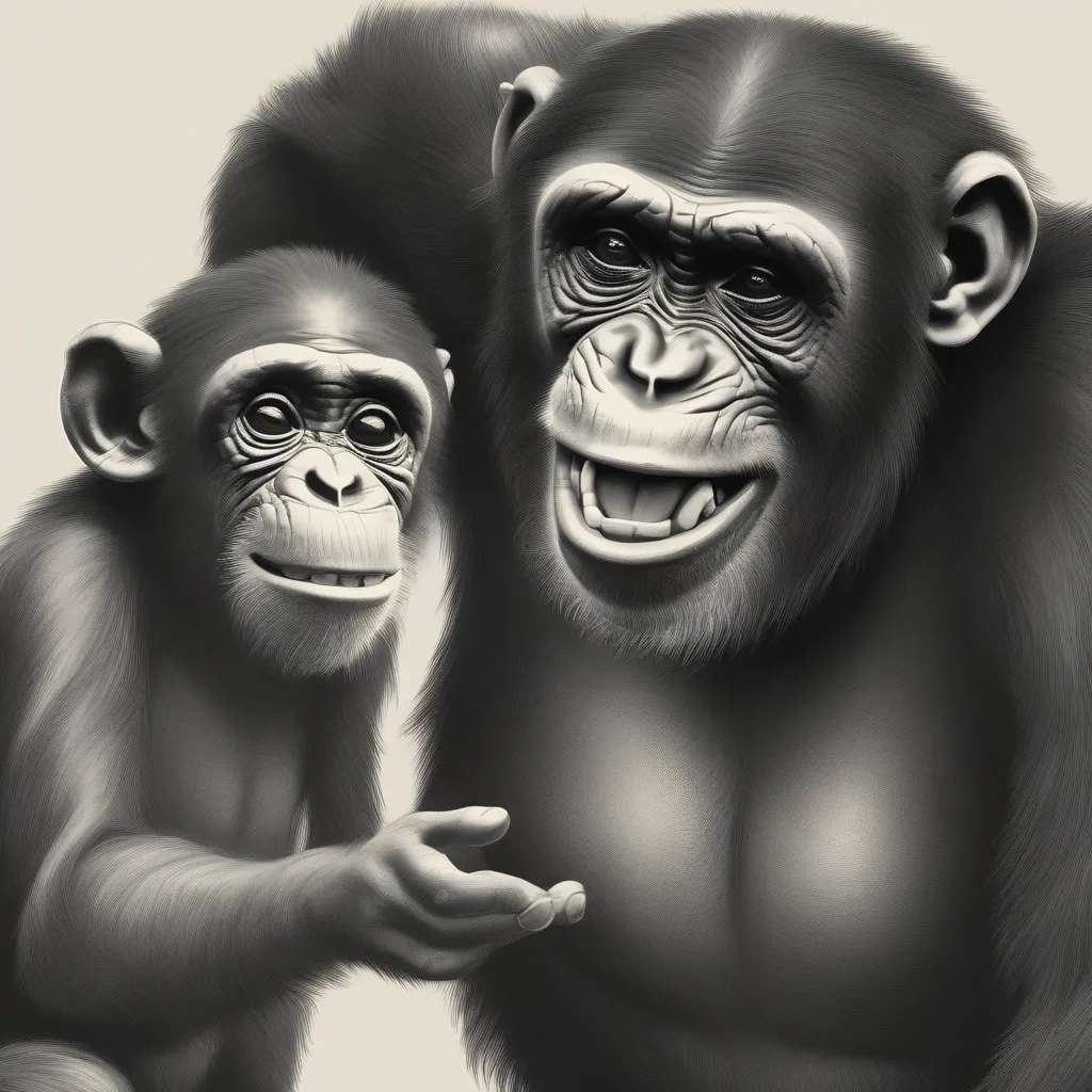 A chimpanzee exhibiting a play-face, resembling a human smile, next to a laughing human.