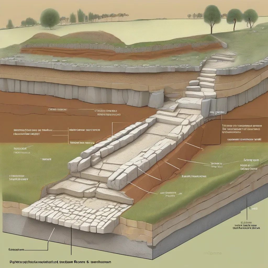 Cross-section diagram illustrating the layered construction of a typical Roman road.