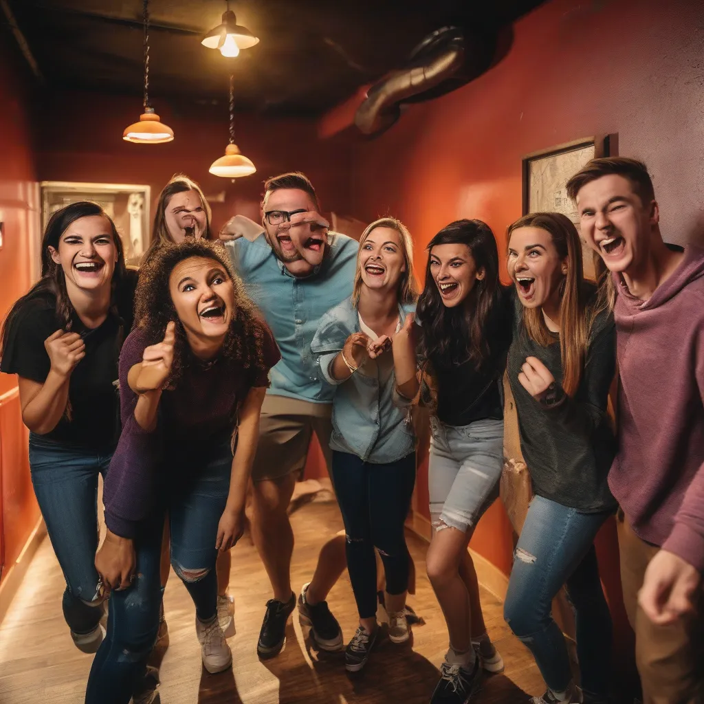 A group of friends looking excited inside a brightly lit escape room.