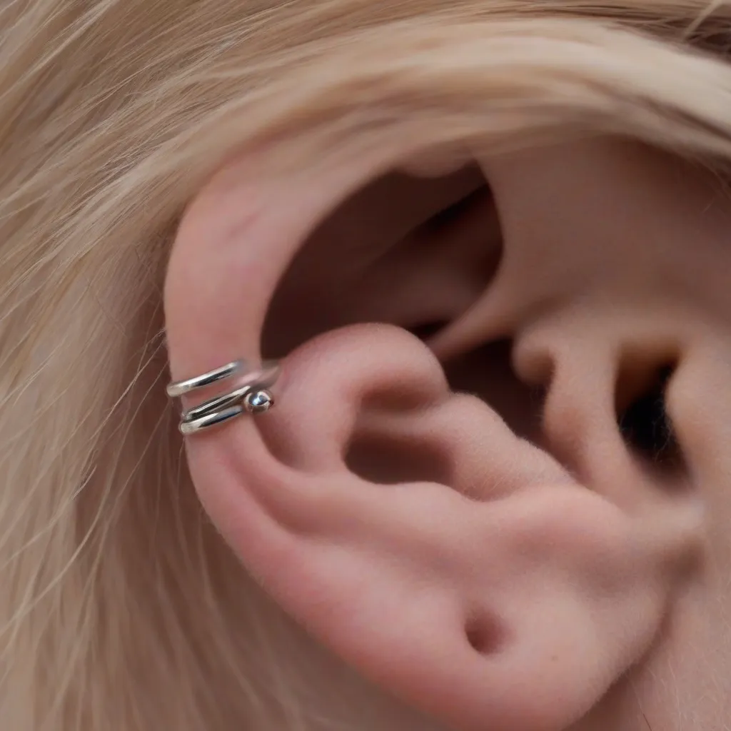 A close-up of a healed helix piercing with a silver ring.