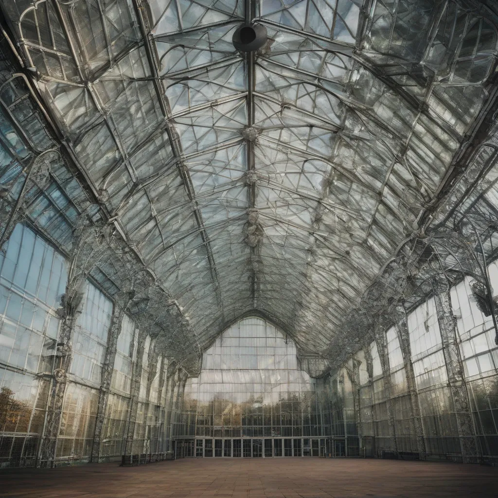 The Crystal Palace in London, a large glass and iron structure.