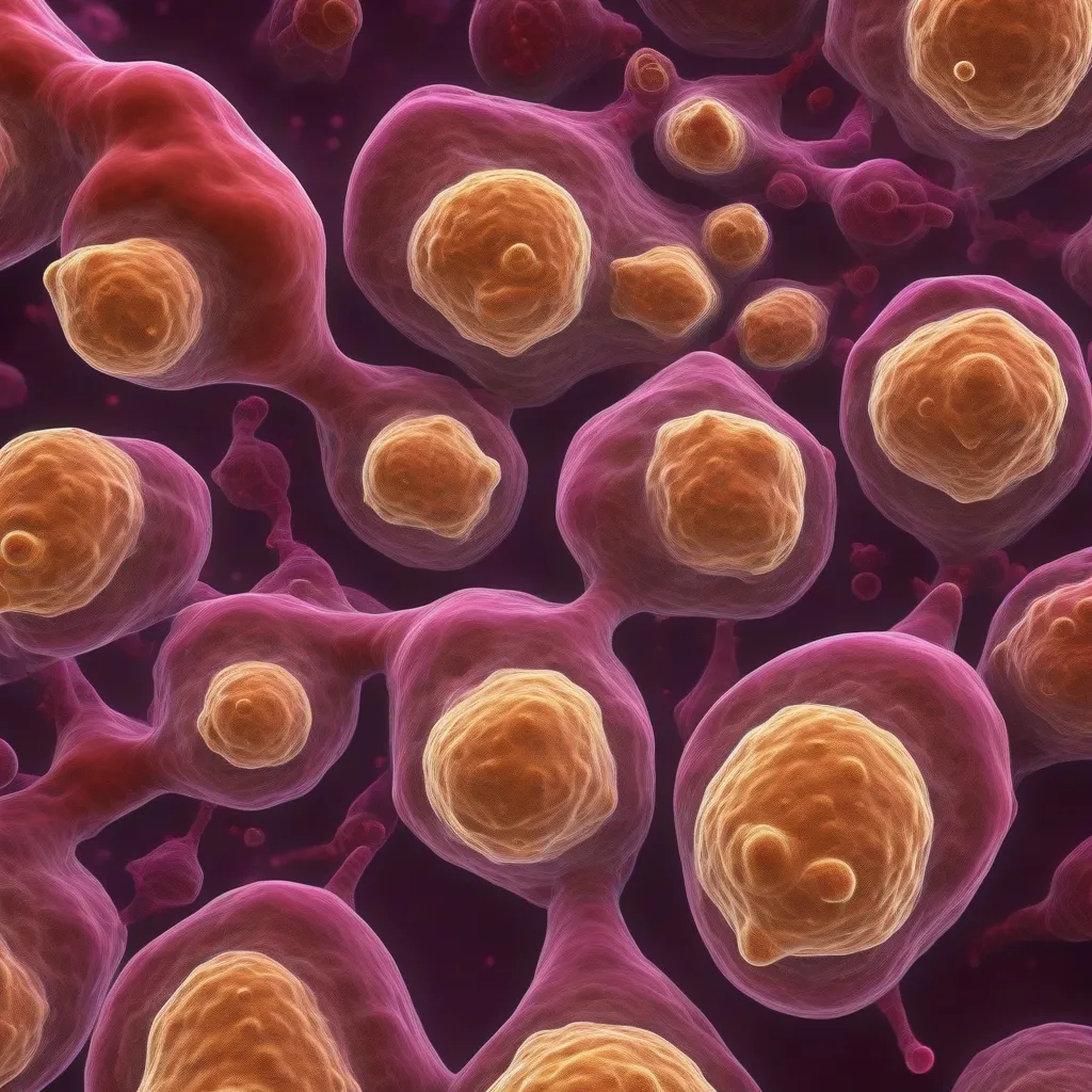A microscopic view of senescent cells, stained to highlight their unique characteristics.