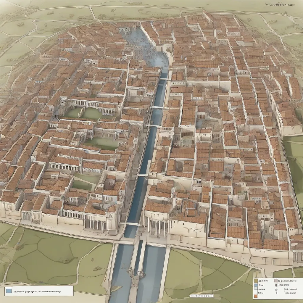 A diagram showing a Roman city layout with Cardo and Decumanus highlighted.