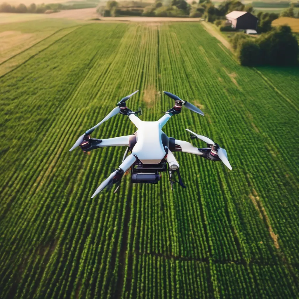 A drone flying over a farm, monitoring crop health.