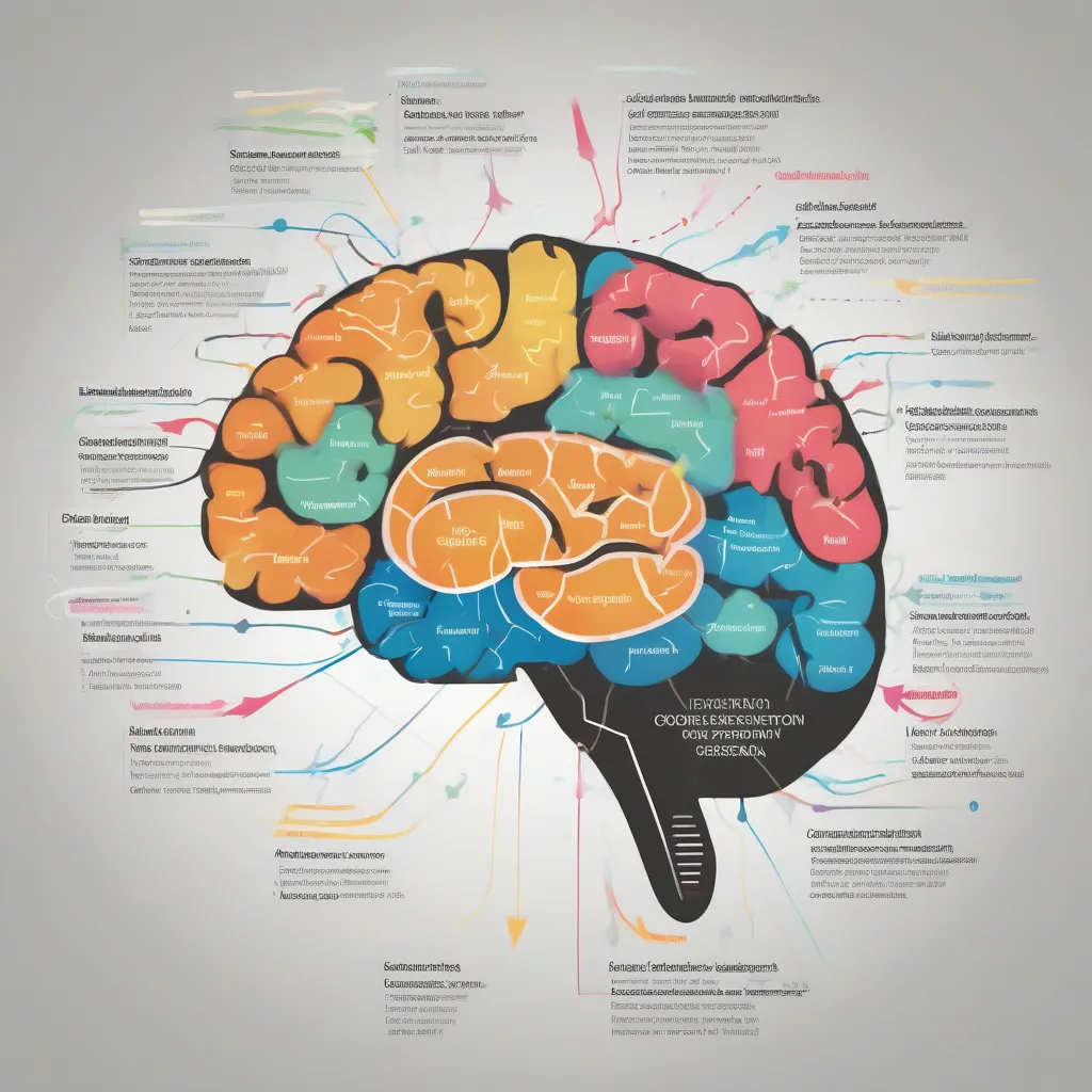 An illustration showing the human brain with various sections highlighted and labelled, each representing a different cognitive process involved in creativity, such as idea generation, association, evaluation, and implementation.