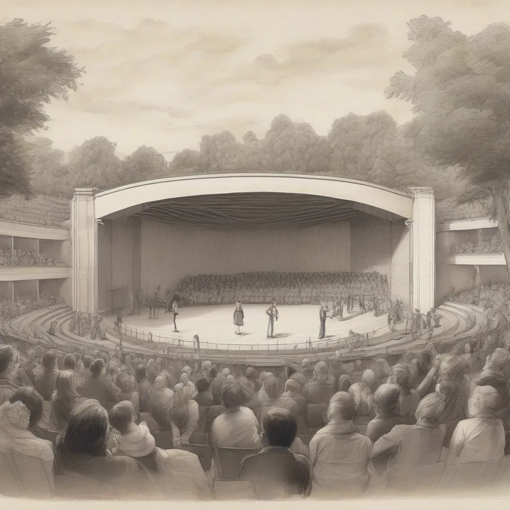 A drawing of Astley's Amphitheatre with performers and audience members.