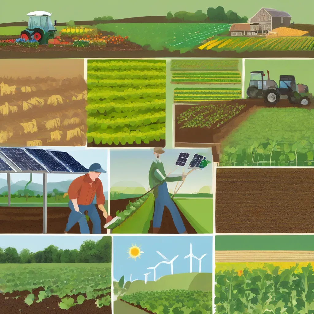 A collage depicting various aspects of sustainable agriculture: a farmer harvesting vegetables, solar panels powering a farm, a diverse crop rotation, and composting.