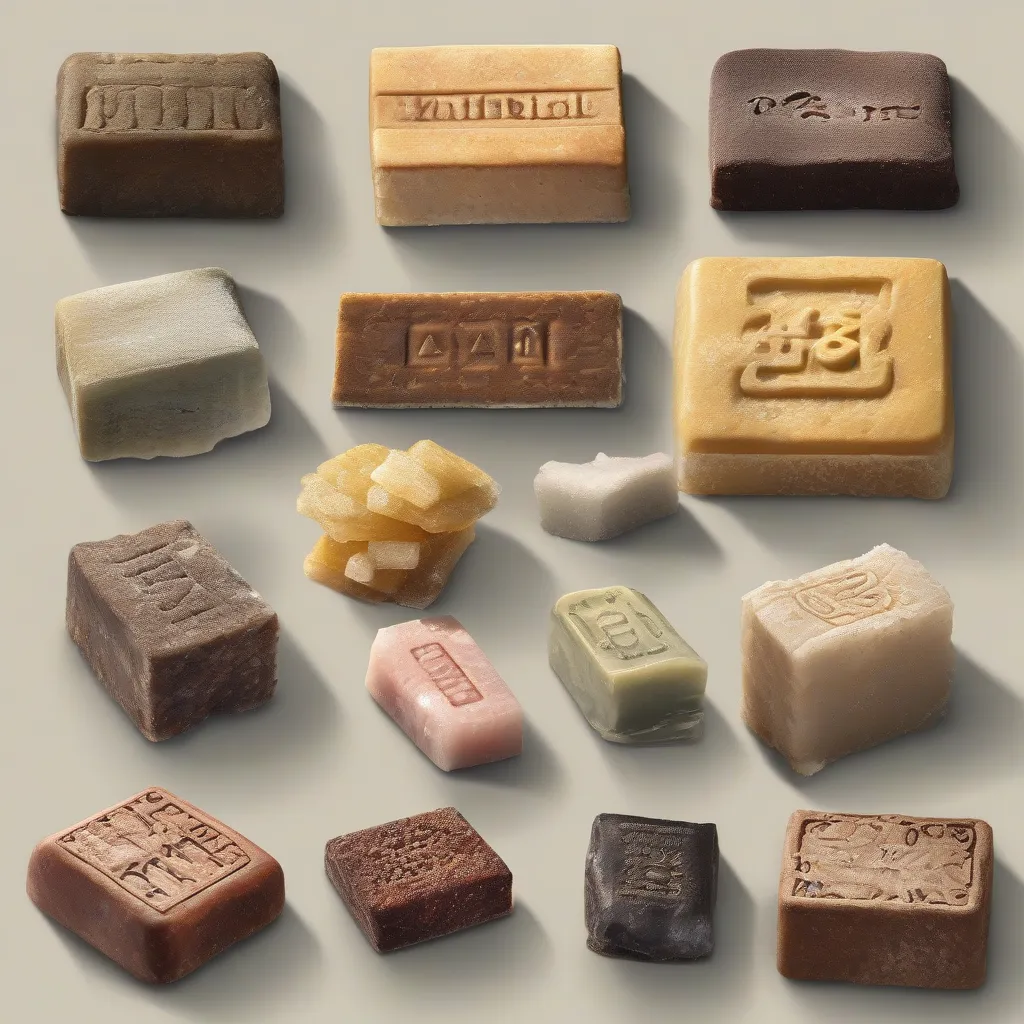 A collection of historical salt bars or cakes used as currency in various cultures.