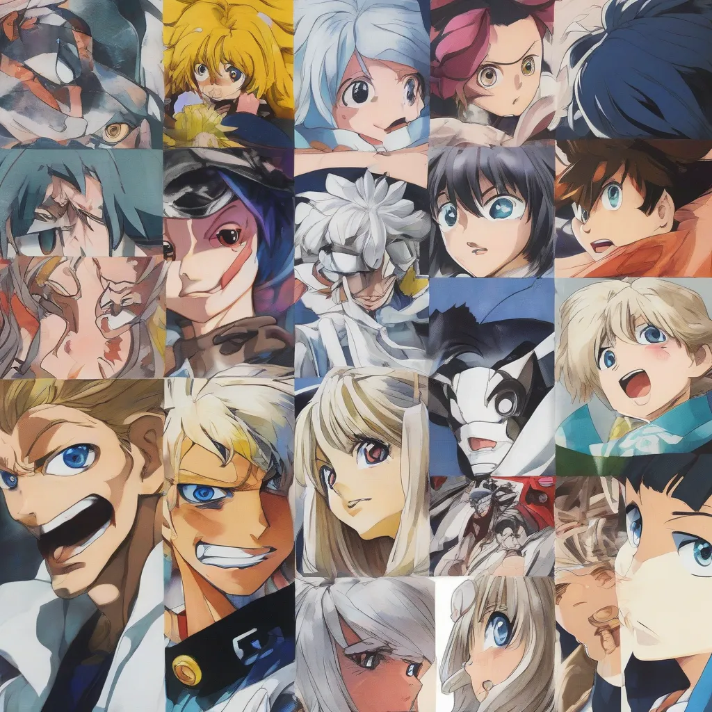 A collage showcasing iconic anime character designs with large expressive eyes and varied hair colors