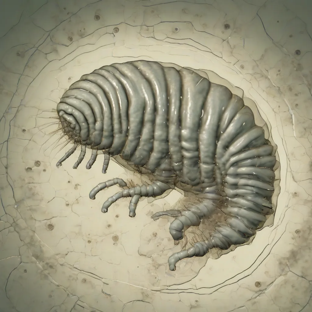 A magnified image of a tardigrade, showing its segmented body and eight stubby legs with claws, curled into a defensive \